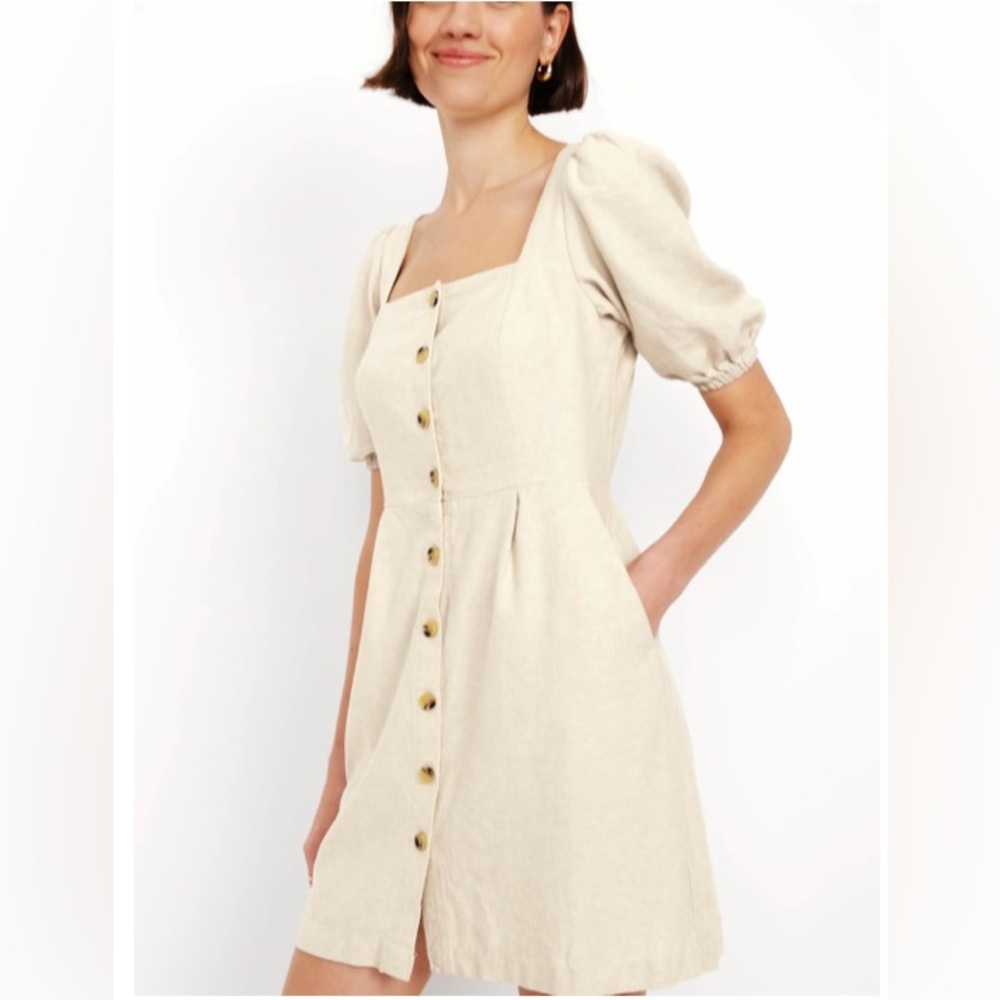 Linen Button-Front a-line Dress M